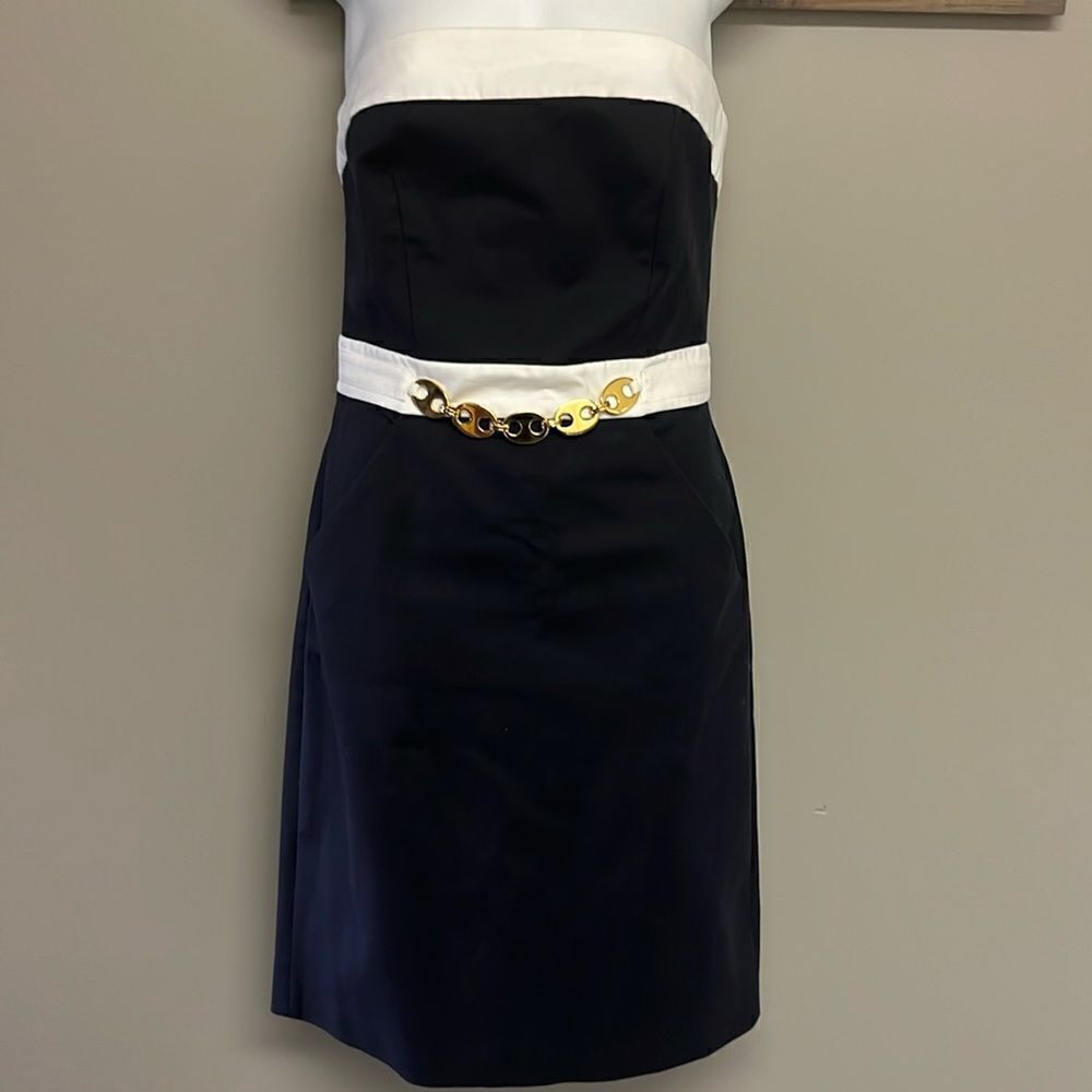 Milly Navy White Strapless Zip-Up Dress Gold-Tone Chain Nautical Mini-Size 4